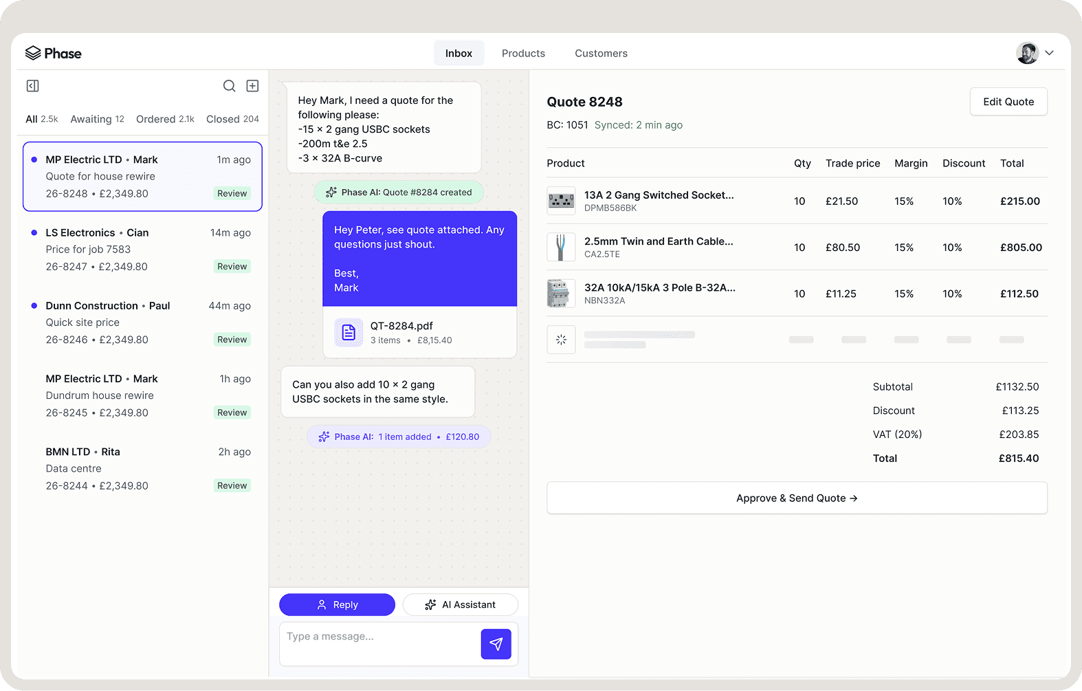 The Phase workspace with sales requests, conversations and quotes side by side.